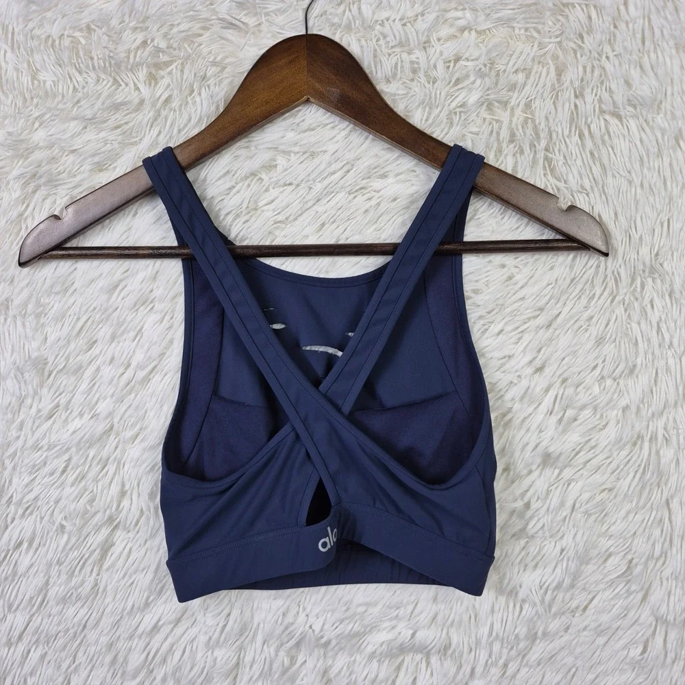 Alo Yoga Ripped Warrior Criss Cross Back‎ Sports Bra Navy Blue XS